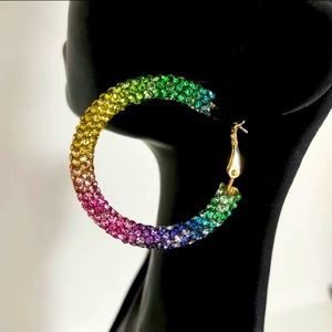 Rainbow Hoop Earrings Multi Color Rhinestones